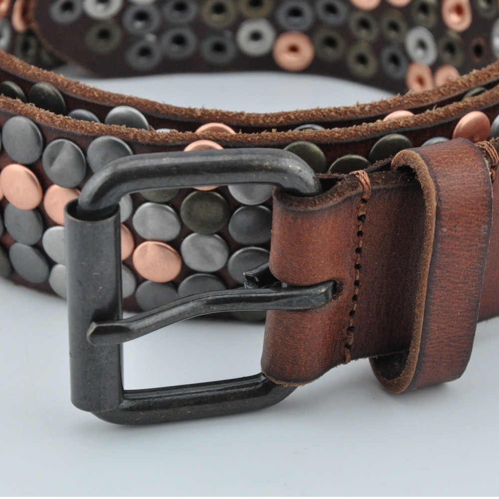 Amsterdam Heritage Studded Leather Belt 85 Brown Excellent Multi-Tone Studs - Picture 2 of 5
